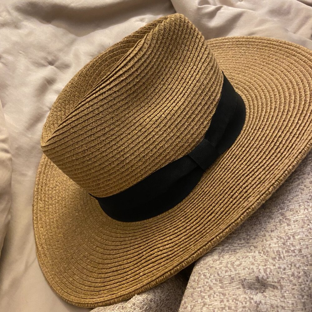NEW - hat Tobago Straw beige Fedora W/ black Bow Band upf o/s